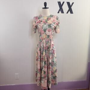 Vintage 80s Pastel Floral Midi Sheath Dress Classic Fitted 6